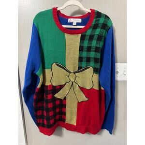 Ugly Holiday Jolly Sweater Multi Color Gold Bow XXL